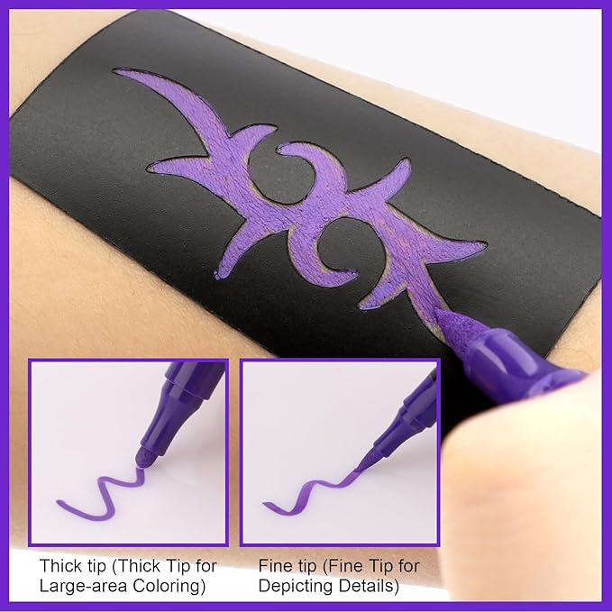 Ponhey Temporary Tattoo Markers for Skin, 24 Body Markers+67 Large Tattoo Stencils,Dual-End Tattoo Pens,Fine Lines with Cosmetic-Grade,Flexible, Skin-Safe Face Paint Kit for Kids Teenage Adults
