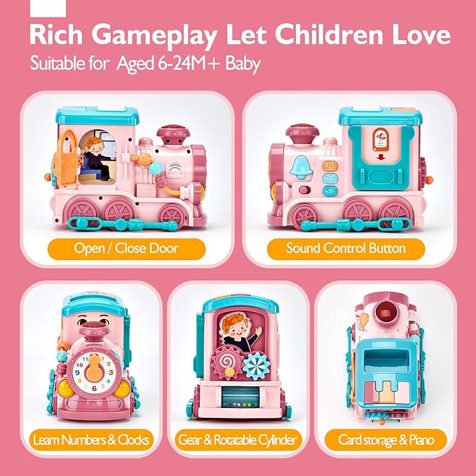 hahaland Musical Toy for Baby Girl Gifts，First Year Activity Musical Train with Talking Flash Cards Bilingual (EN/ES), Educational Learning Toys for Toddlers, Baby Toys 18-36 Months Girl Easter Gifts