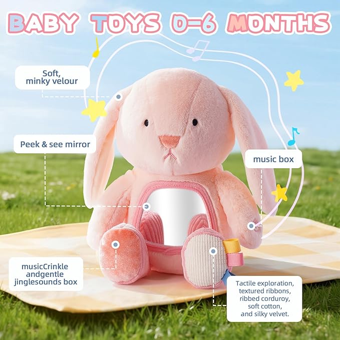 Koty Musical Tummy Time Toy,Baby Mirror Toy 3 Years Old, Infant Sensory Toy with Crinkle Sounds, Textures, Mirror & Melody Music Box for Tummy Time and Self-Discovery (Pink Rabbit)