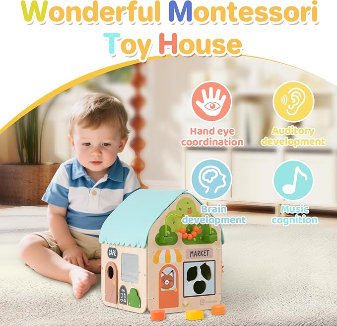 Asweets Montessori Wooden Busy House - Busy Board Toy for Toddlers, Pre-School Education and Learning Sensory Game Toys, Large Gifts for Babys, Boys, Girls