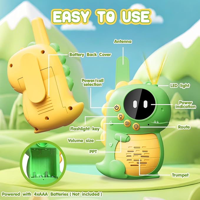 Topsolid Kids Toys Walkie Talkies for Kids 2 Pack, Dinosaur Walkie Talkie with Flashlight, 1000FT Range for Boys Girls Ages 3-12, Outdoor Camping Hiking Gift.