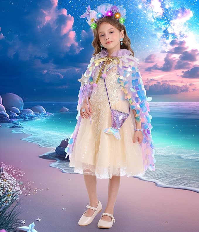 Princess Dress Up Toys Princess Dress Up Clothes Rainbow Mermaid Cape Kit 9 Pcs Gift Set for Little Girls 3-8 Years