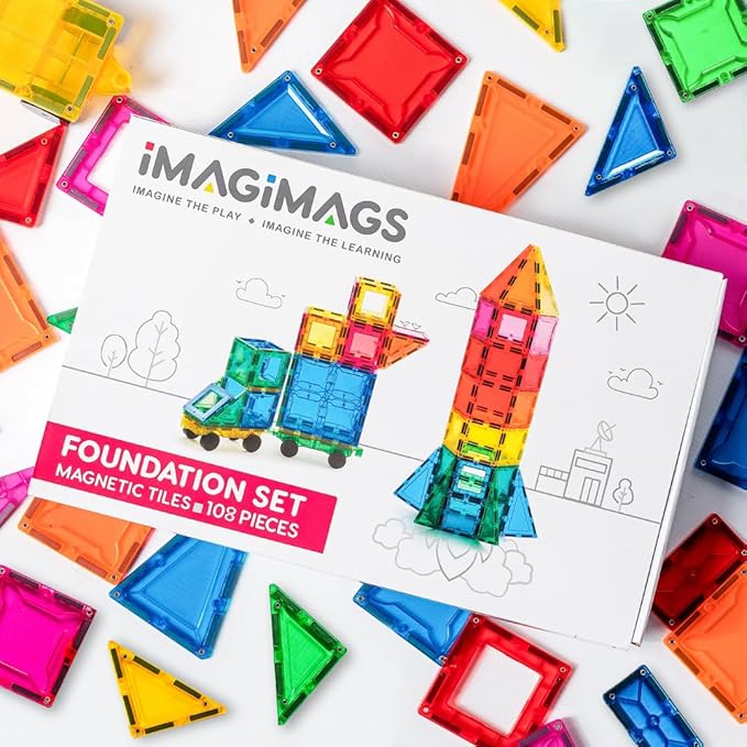 Magnetic Building Tiles, 108 Piece Foundation Set for Boys Girls Kids, Educational Creative Learning Activity Building Block Toddler Toys, STEM, Children Ages 3 Years +