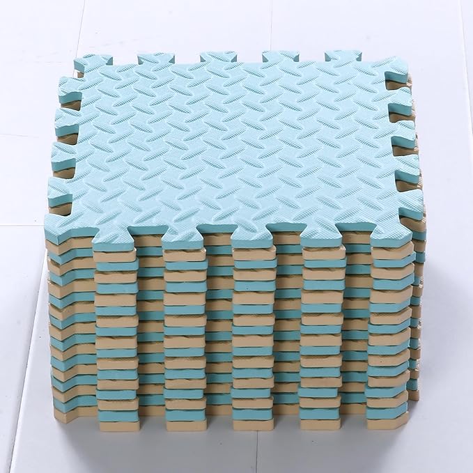 Foam Play Mat for Baby, 0.4 Inch Thick Foam Interlocking Floor Mats, Soft Non-Toxic Baby Playmat, Solid Colored Puzzle Play Mat Kids Floor Mats for Toddler, 16 Tiles(Beige/Light Blue)