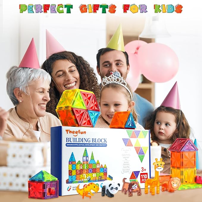 Magnetic Tiles 110PCS 3D Animals Magnet Tiles with 2 Cars Kids Magnetic Building Blocks STEM Educational Magnet Toy Construction Playboards Toys Gifts for Boys Girls Toddlers 3 4 5 6 7 8 9 Year Old