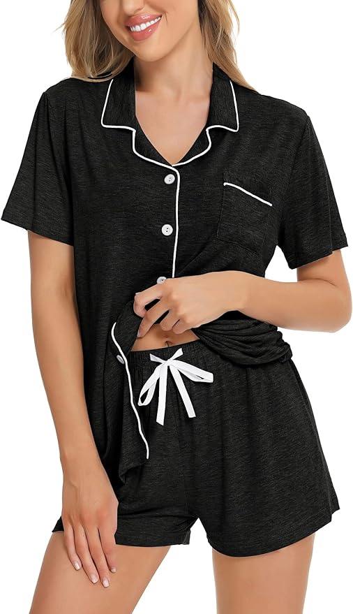 SWOMOG Womens Button Down Pajamas Set Short Sleeve Sleepwear Bride Soft Pj Lounge Sets XS-3XL