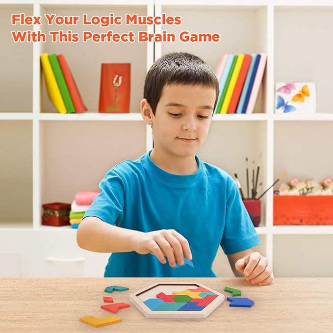 Vanmor Wooden Geometric Tangram Puzzle Blocks - 3D Logic IQ Brain Teaser Jigsaw | Montessori STEM Educational Toy with 60 Challenges for All Ages