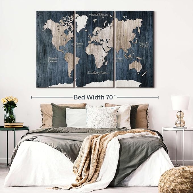 ElephantStock Aged Blue World Map I Canvas - 3 Panel Wall Decor - World Map Digital Art - Blue Wall Art - 65" X 42"