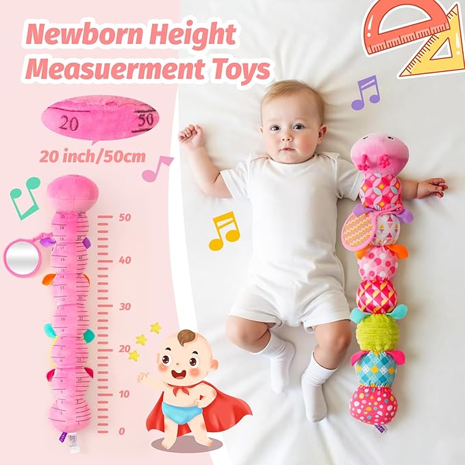 Baby Toys 0-6 Month, Musical Caterpillar Baby Rattle, Plush Sensory Toy with Mirror, Crinkle Textures, Newborn Developmental Tummy Time Stuffed Animal for Infants Boys Girls 6-12 Months (Pink)