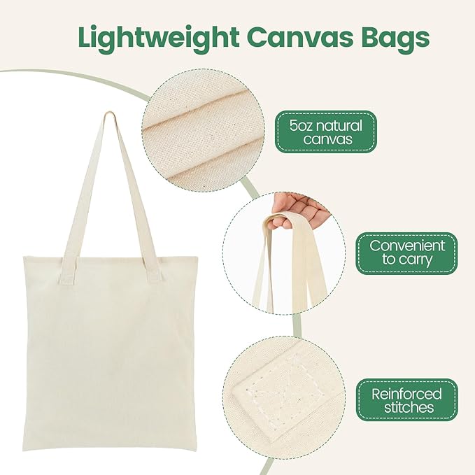 12 Pack Large Canvas Tote Bag - Lightweight Thin Tote Bags Bulk Blank Shopping Reusable Grocery Bags for DIY Gift Sublimation Activity - Beige