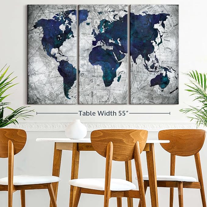 ElephantStock Deep Blue World Map Multi Piece Canvas - 3 Panel Wall Decor - Map of the World Art - Canvas for the Office and Home - 57" X 36"