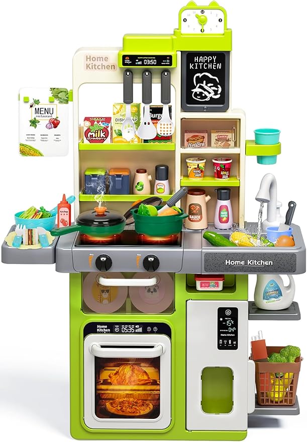Kids Play Kitchen Set, Toddler Kitchen Playset with Sound & Light, Cooking Stove with Steam, Play Sink, Play Food Toy and Kitchen Accessories, Kitchen Toy for Kids Girls Boys (31.5 * 22 * 8.6in)