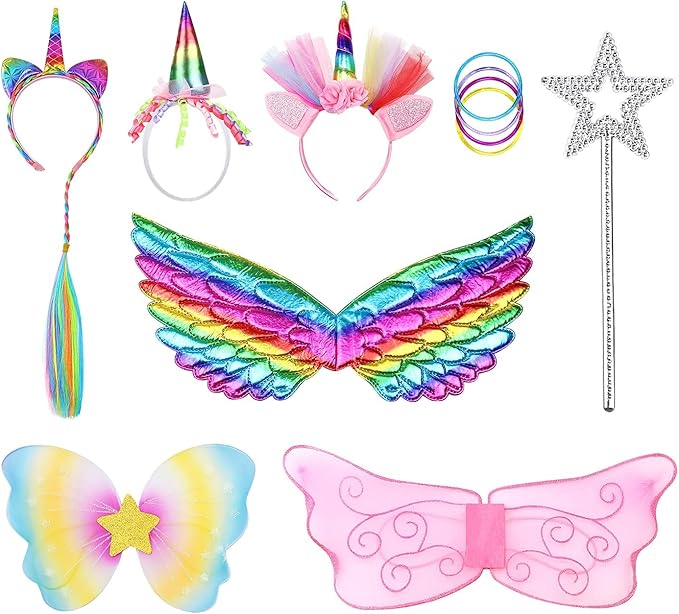 Jeowoqao Girls Unicorn Princess Dress up Trunk Set 19 Pcs, Girls Rainbow Unicorns Costume, Toddler Girls Dress up Clothes Pretend Play Costumes for Little Girl Ages 3 4 5 6