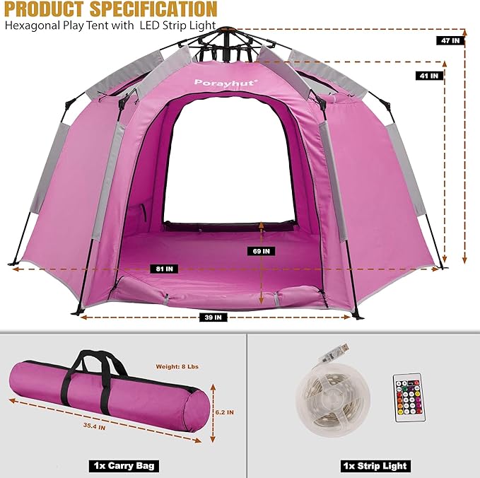 Portable Hexagon Kids Play Tent with LED Strip Lights Indoor Children Play House Easy Set-up Space Dream Tent for Night 4-5 Person & Birthday Gifts