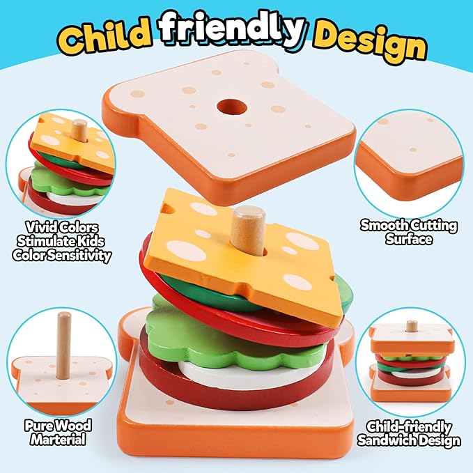 kizh Wooden Sandwich Sorting Stacking Toys Play Food Set for Toddlers Preschool Educational Montessori Toys Fine Motor Toy for Kids Boys Girls