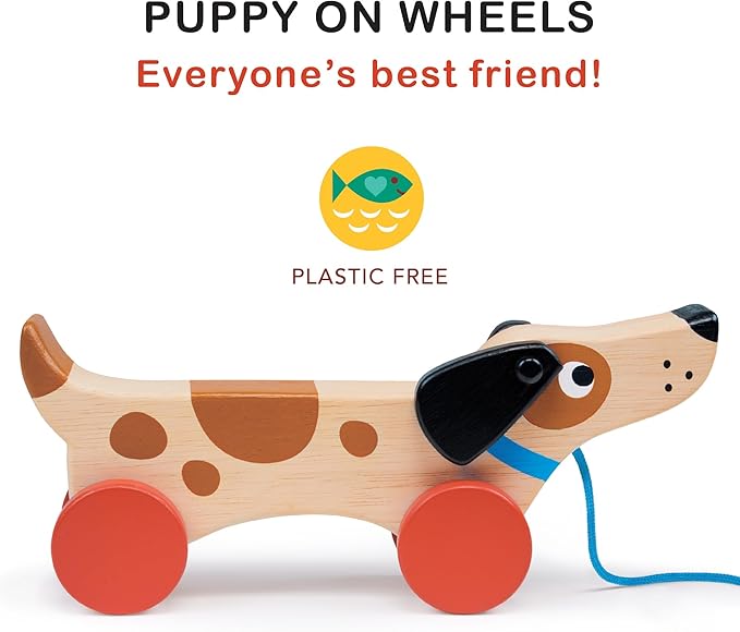 Mentari Toys - Puppy on Wheels - Wooden Dog Pull Toy for Toddlers - Natural Wood Toy with 7 inch Pull Chord, 4 Wheels, Rotating Ears - Enhances Motor Skills - Fosters Imaginative Play - Age 18M+