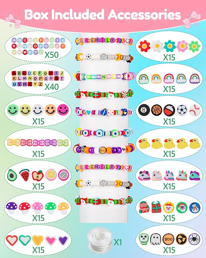 Taybonds Polymer Clay Beads Charms Bracelet Making Kit for Kids Age 6+, 740pcs DIY Jewelry Making with Pony Beads, Letter Beads, Charms & Elastic Cord – Gift for Girls Crafting and Creative Play