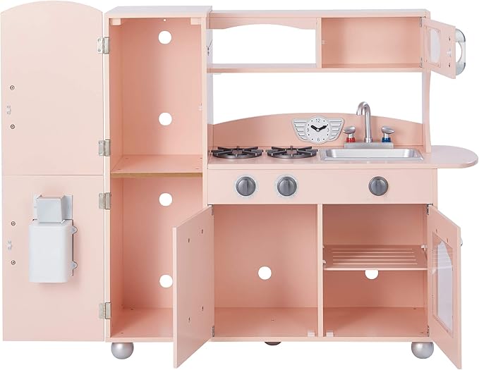 Teamson Kids Little Chef Wooden Westchester Retro Kids Play Kitchen Playset, for Toddlers Child Children Boy Girl, Pink