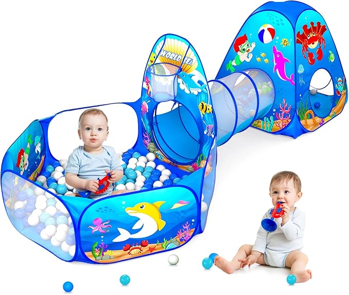 PigPigPen 3 in 1 Kids Play Tent with Play Tunnel, Ball Pit, Basketball Hoop for Boys & Girls, Toddler Pop Up Playhouse Toy for Baby Indoor/Outdoor, Gift for Year Old Child (Ocean 3pc Play Tent)