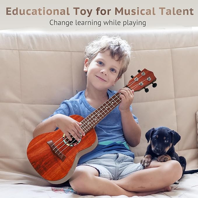 Raimy Kids Guitar Ukulele - 21in Ukulele Guitar Toys for Kids Ages 3 4 5 6 7+ Year Old Boys Girls Simulated Sound Quality Music Instruments Learning Education (Brown)