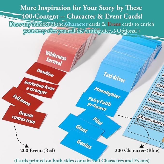 Garybank Inspiration Writing Prompt Dice - W/13 Writing Skill Cards and 200 Character & Event Cards - Storytelling Game for Kids, Writer & Teachers - Creation Set of 9 Story Cubes - Gifts for Writers