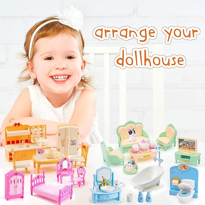 45 Pcs Dollhouse Furniture Set Accessories Pretend Play Bedroom Living Room Bathroom Kitchen Doll House Mini Furniture for Kids Birthday and Christmas 4 Colors
