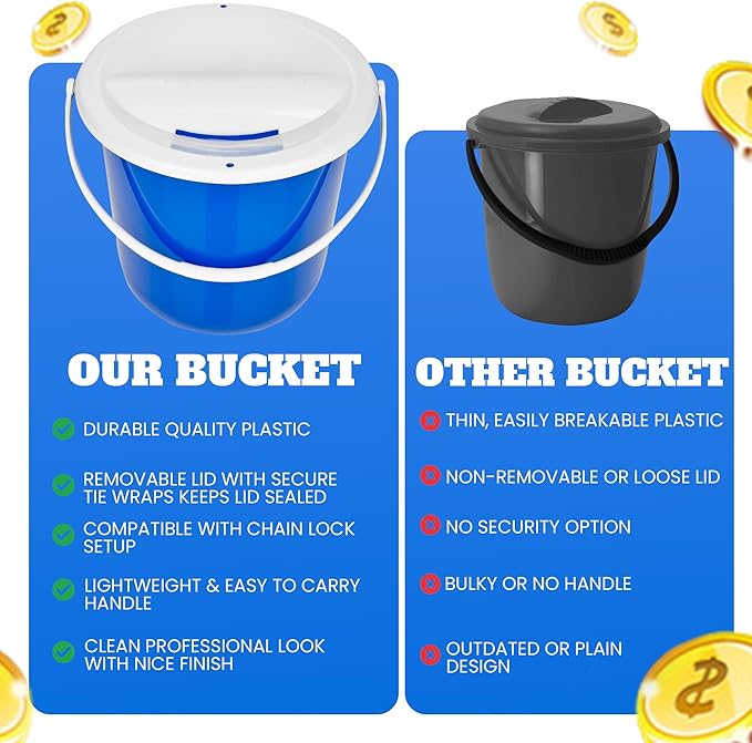 Plastic coin collection Bucket with removable lid and handle charity donation collection money box pail for fundraising with top slot for tickets raffles and money 7.5"Hx8.3"Diameter(Dark Blue) 4 pack