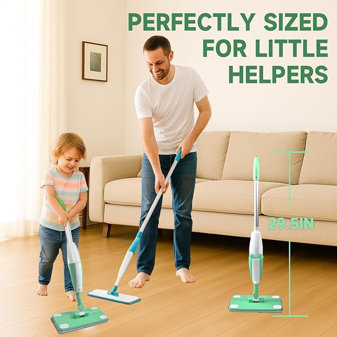 Kids Spray Mop - Toddler Cleaning Toy Set with Real Water Sprayer, 2 Washable Pads - Montessori Interactive Toy for Boys & Girls Ages 3 4 5 6