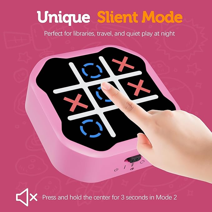 3-in-1 Electronic Tic Tac Toe Game, Handheld Travel Toy with Silent Mode, Fun for Kids and Adults, Pink