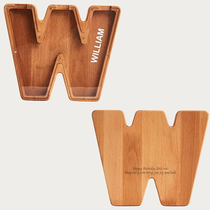 Personalized Wooden Piggy Bank – Custom Letter W Coin Bank in Beech Wood with Clear Acrylic Front, Engraved Name Option, Money Saving Box for Kids and Adults
