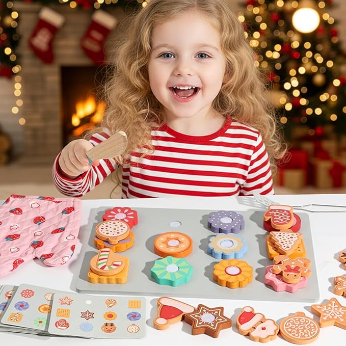 Slice and Bake Wooden Chrismas Cookie Play Food Set for Kids, Kitchen Toys Food Accessories for Toddlers, Pretend Play Baking Set for 3 4 5 Years Old Girls Boys Birthday Gifts