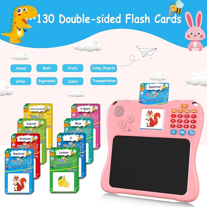 EASEGMER 3 in 1 Educational Learning Travel Toys - 8'' Drawing Tablet and 130 Talking Flash Cards Toddler Writing Tablet and Preschool Learning Activities, Best Gift for Girls/Boys 3-12 Years
