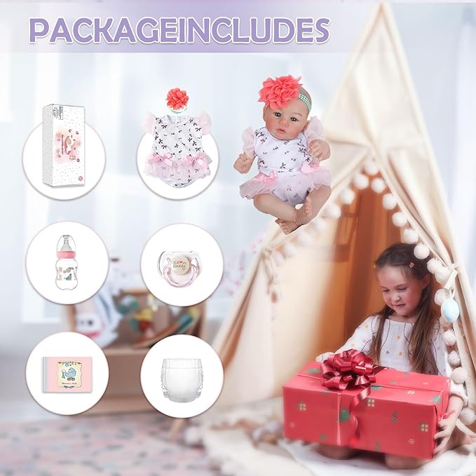 WOOROY Realistic Reborn Baby Dolls, 18 Inch Lifelike Newborn Eyes Open Girl Real Life Soft Cloth Body with Gift Box for Kids 3+