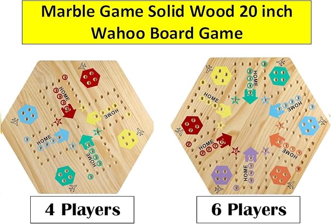 Wooden Wahoo Marble Board Game (20 INCH), Double-Sided, for 2-6 Players, with 24 Marbles and 6 dice. Also Includes Ring Toss, Wooden Hook and Ring Gameand Premium Playing Cards.