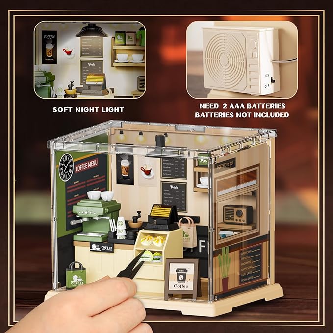 Coffee Shop Tiny House with LED Light Make It Miniature, DIY Miniature House Kit for Adults, Teens, and Beginners, Mini Dollhouse Kit with Home Decor Furniture, Gift for Friends and Hobbies