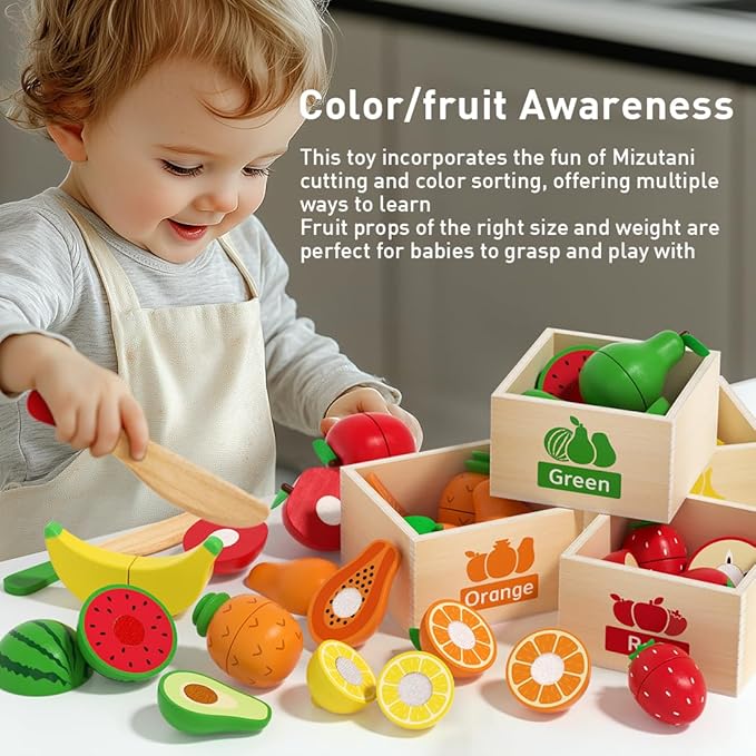 Wooden Toddler Kitchen Set - 18PCS Pretend Play Food with Sticky Cutting Toys & Storage Box, Realistic Fake Food Kitchen Toys for Kids 1-3, Educational Gift for Boys Girls Ages 3+