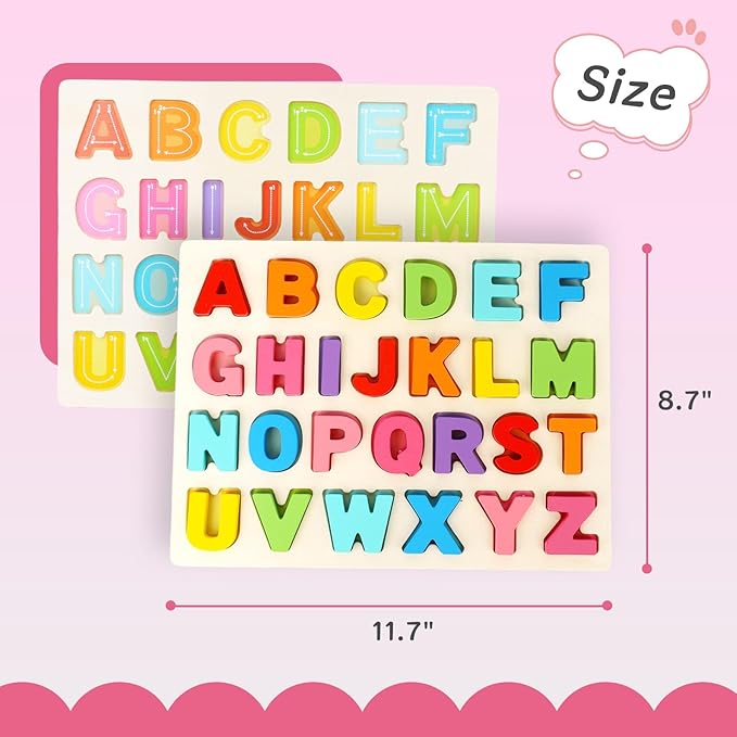Amor Present Preschool Learning Toys,ABC Wooden Alphabet Puzzle Board for Toddlers, Educational Montessori Letters Game