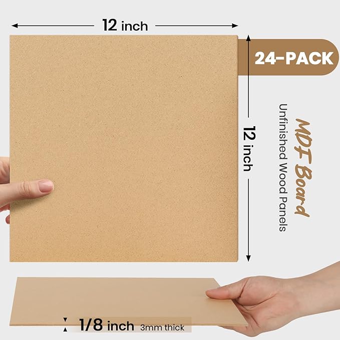 CALPALMY 24-Pack MDF Board 1/8 Inch Thick 12" x 12" Unfinished Wood Panels, 3mm Thick Medium Density Fiberboard Wood Boards for Crafts, Painting, Carpentry, Engraving, Interior Design, and More