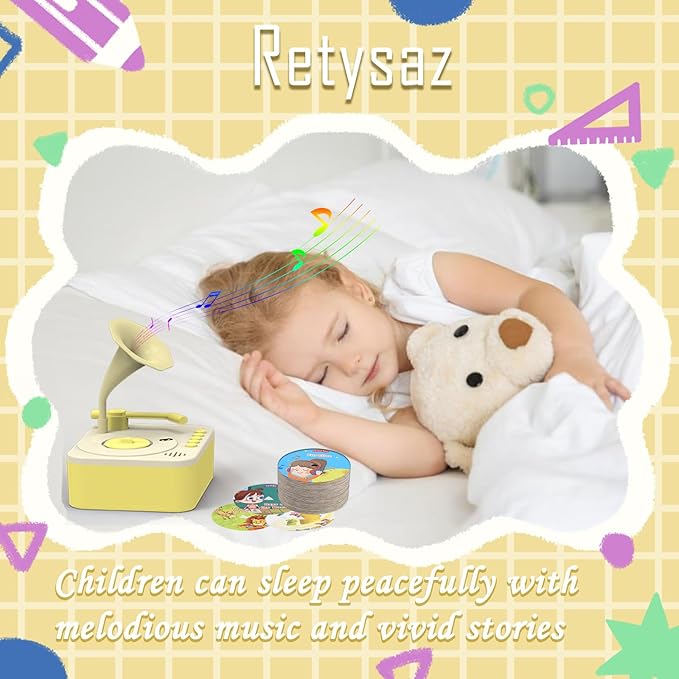Retysaz Kids Phonograph with 96 Cards, Story Music Player for Kids 3-6 Musical Sensory Toy for boy Girl,Toddler Audio Pre-Kindergarten Toy Early Childhood Education Present Birthday (Yellow)