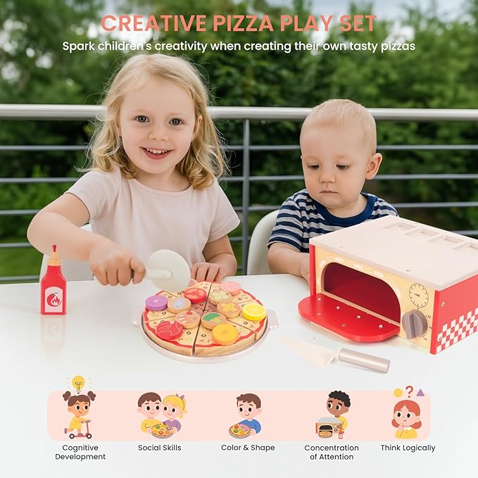 Wooden Pizza Toy for Kids, Pretend Play Food for Ages 3+, Educational Learning Toy Wooden Playset with Bake Oven, Christmas Birthday Gift for Boys Girls