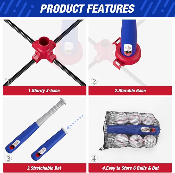 4 in 1 T Ball Sets for Kids 3-5 with Toss and Catch Ball Set, Hanging Tee Stand with Auto Pitching Machine/ 2 Bats, Indoor Outdoor Toys Birthday Baseball Gifts for Toddler Boys Girls, Blue