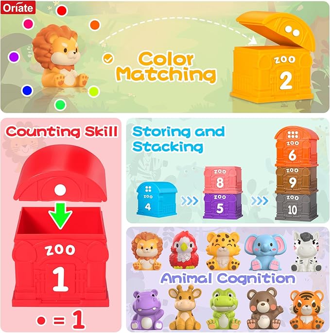 Oriate Animal Toddler Learning Toys, 20Pcs Zoo Animals Sensory Toys for Toddlers 1-3, Counting Animals Color Sorting Montessori for Babies, Birthday Gift Party Favors, Kids Prize Box, 12+ Months