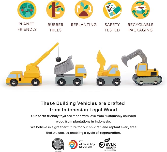 Mentari Toys - Building Vehicles - 4pc Wooden Construction Vehicles with Interactive, Moving Parts - Toy Truck Set for Action-Packed Imaginative Play - Develop Motor Skills and Coordination - Age 3+