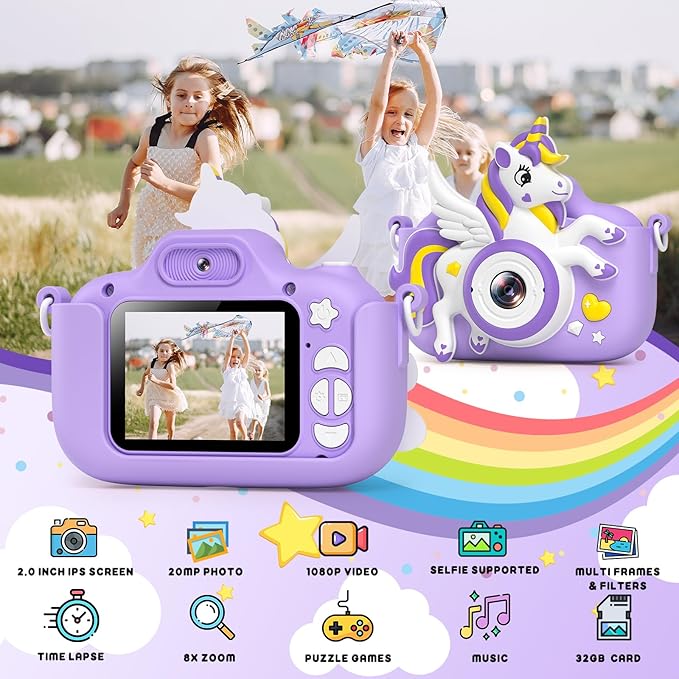 Kids Camera Toys Digital Camera for Kids, Christmas Birthday Gifts for Girls Age 3-12, Selfie 1080P HD Video Digital Camera for 3 4 5 6 7 8 9 10 Year Old Girls with 32GB SD Card