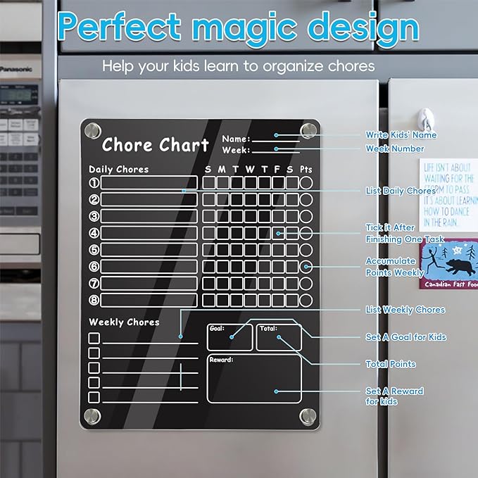 Acrylic Magnetic Chore Chart for Kids, Chore Board, Dry Erase Chore Chart, 12"x9.5" Transparent Erasable Reward Chart for Teens and Adults Chore Checklist with 6 Markers and Towel