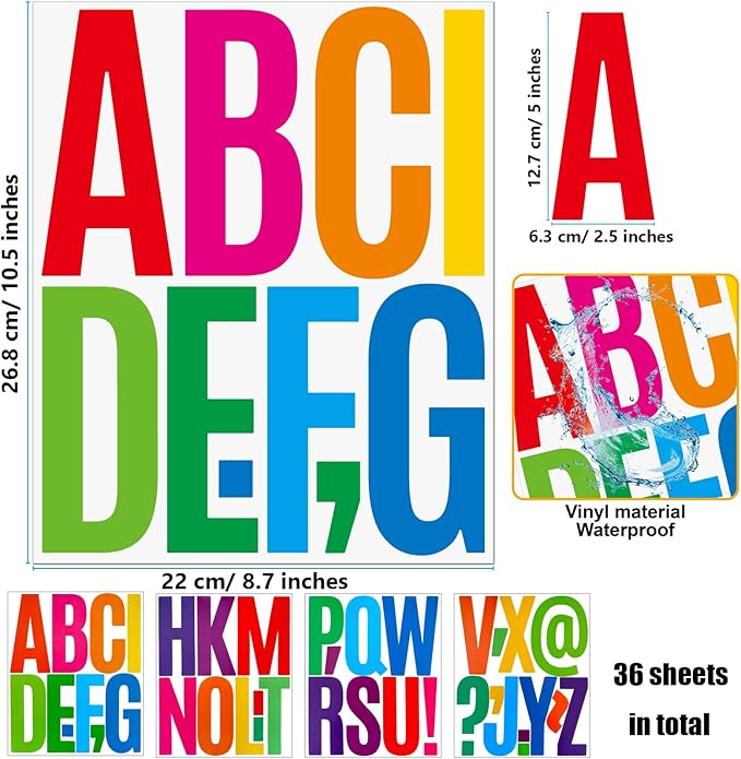 Bemeol 351 Pieces 36 Sheets Letter Stickers Big Font Alphabet Letter Stickers 5 Inch Self Adhesive Letters for Bulletin Board Classroom Mailbox Door Home Decor(Colorful)