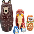 Conzy Russian Nesting Dolls for Kids, Stacking Wooden Handmade Matryoshka Dolls, 5 Piece Cute Cartoon Animal Pattern, Great Toy Gift for Girls Boys' Birthday or Home Decoration (Brown)