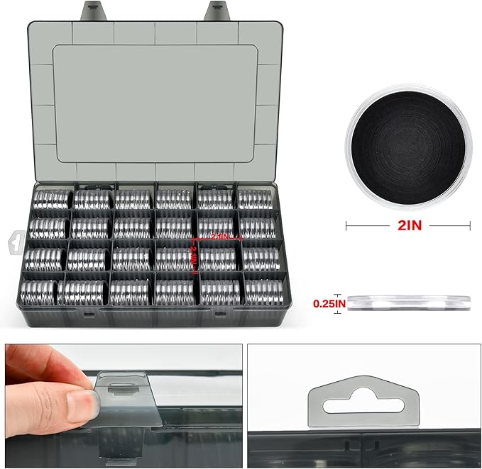 FULLCASE Coin Capsules 46mm with Foam Gasket and Plastic Storage Organizer Box, 6 Sizes (20/25/27/30/38/46 mm) Coins Collector Case Holder for Collection Supplies-168 Pieces (Grey)