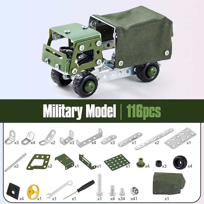Military Truck STEM Building Toy Set for Boys Age 8-12 - Metal Army Toys Model Car Kits - Engineering Projects for Kids 6-10 - Vehicles