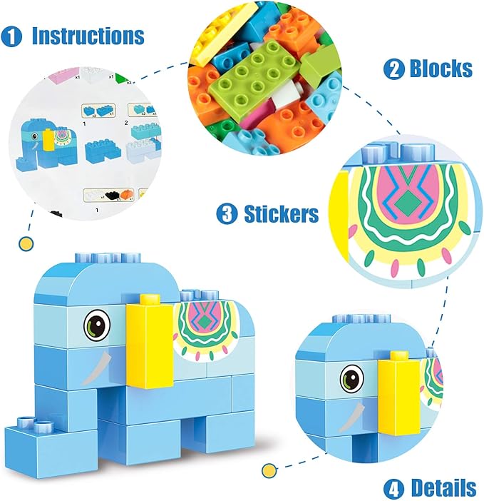 Building Blocks Set for Toddlers, Creative Large Building Bricks, Toy Animals Building Kit, Preschool Learning Educational Toys for Kids Boys Girls Gifts for 3+ Years Old (122 Pieces)